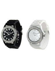 Watch: White Black 2 Pack Geneva Crystal Rhinestone Large Face Watch with Silicone Jelly Link Band - Geneva