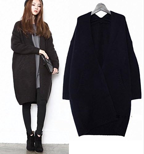 Dark gray women's long sweater coat thicker female long section of the bat sleeve wool knit cardigan solid color loose S code
