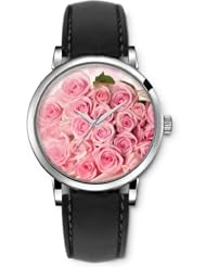 SPRAWL Aanalog Fashion Series Silver Ladies Watches of Genuine Black Leather Strap,Unique Wrist Watch for Women Girls Designed with Bouquet of roses