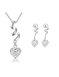 14K White Gold Filigree Puffed Heart Necklace 16" & Earrings Jewelry Set Women Gift