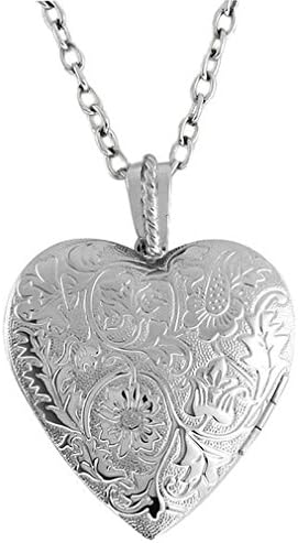 Crystalbella 1.5 Inch Engraved Flowers Heart Locket W/28 Inch Chain Jewelry