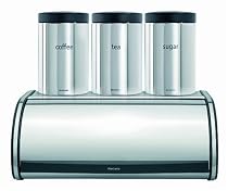 Brabantia Roll Top Bread Bin with T,C,S canister set Brilliant Steel