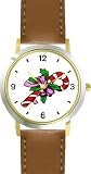 Candy Cane Christmas Theme - WATCHBUDDY&reg; DELUXE TWO-TONE THEME WATCH - Arabic Numbers - Brown Leather Strap-Women's Size-Small