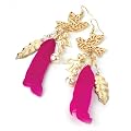 Bird & Feather Drop Pierced Fashion Earrings Gold & Fuchsia Pink