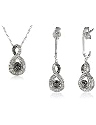 Sterling Silver Black and White Diamond Twist and Drop Shape Pendant and Earrings Box Set (1/4 Cttw, I-J Color, I2-I3 Clarity), 18"