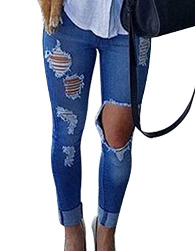 Burvogue Women's Blue Denim Jeans Skinny Distressed Pants