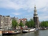 IMAGE OF Wallmonkeys Peel and Stick Wall Decals - Amsterdam,river View of a Clock Tower and Boats - 48