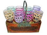 ArtisanStreet's Gift Set of 8 Fiesta Wine Glasses in Wooden Basket. Colorful Goblets in Blue, Gold, Green & Purple Design. Use for Wine, Water or Juice. Hand Painted. One of a Kind, Signed by Artisan