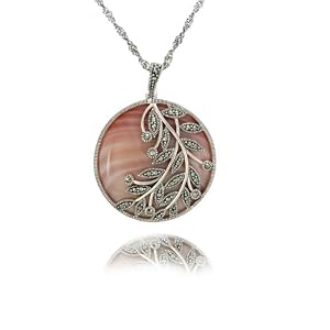 Sterling Silver Marcasite Pink Shell Leaves Overlay Pendant, 18inch
