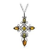 Sterling Silver Multicolor Amber Large Filigree Cross Pendant, 18"