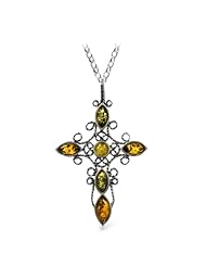 Sterling Silver Multicolor Amber Large Filigree Cross Pendant Necklace , 18"