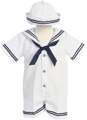 White Sailor Romper - Navy Trim with Hat