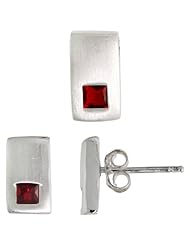 Sterling Silver Matte-finish Rectangular Earrings (10mm tall) & Pendant Slide (10mm tall) Set, w/ Princess Cut Ruby-colored CZ Stones