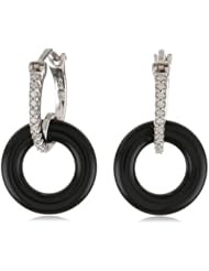 Sterling Silver Black Onyx and Diamond Hoop Earrings, (.01 cttw, H-I Color, I3 Clarity)