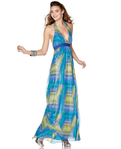BCBGMAXAZRIA Dress, Printed Chiffon Halter Gown Bright Chambray 2