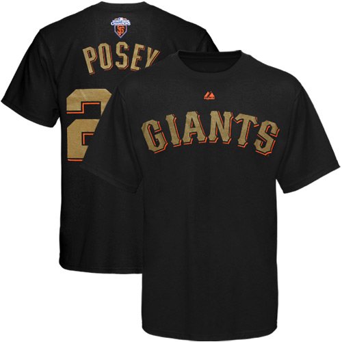 Majestic Buster Posey San Francisco Giants #28 2010 World Series Champions Gold Program Player T-shirt - Black (Large)