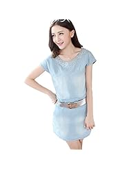  Round Neck Cap Sleeves Denim Mini Dress  With Rhinestones