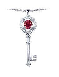 Candygem 925 Sterling Silver Created Ruby Clover Key Pendant by Venezia Designs, Free 18 Inch Silver Chain, Free Gift Box.
