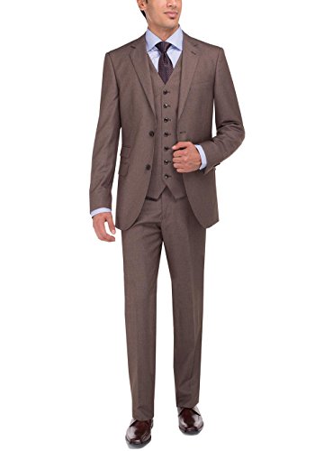 Luciano Natazzi Men's Two Button Tweed 3 Piece Modern Fit Vested Suit (42 Long US / 52 Long EU, Lt. Brown)