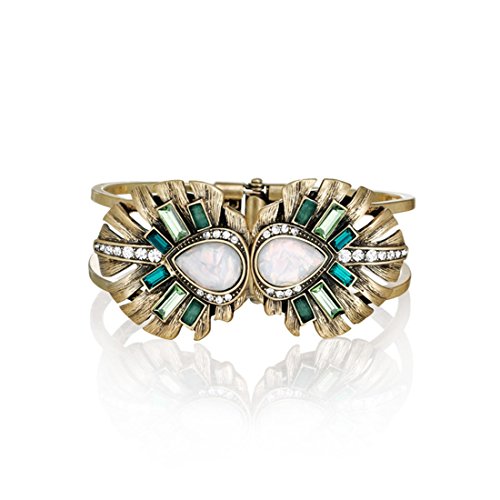 Lares Domi Vintage Gold-tone Crystal Incrusted Simulated Emerald - Opal Inlay Elegant Palm Leaf Bracelet