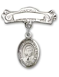 Sterling Silver Baby Badge with St. John Baptist de la Salle Charm and Arched Polished Badge Pin