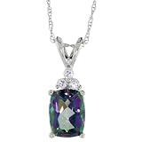 10ct White Gold 18 Thin Chain & 1/2 (12mm) tall Rabbit Bale Stone Pendant, w/ Brilliant Cut Diamonds & Checkerboard Cut (8x6mm) Mystic Fire Topaz Stone