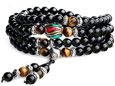 HotVally Jewelry Multilayer Bracelet Obsidian Malas and Tiger Eye 8mm 108 Beads Prayer Beads Bracelets (8mm Beads)