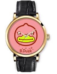 SPRAWL Aanalog Fashion Series Gold Ladies Watches of Genuine Black Leather Strap,Unique Wrist Watch for Women Girls Designed with Cute pink duck