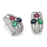 18k White Gold Three Stone Ruby Sapphire Emerald and Diamond Earrings