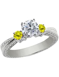 1.24 Ct Round H/I and Canary Diamond 18K White Gold 3-Stone Ring