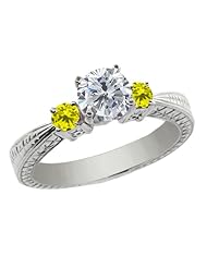 1.24 Ct Round H/I and Canary Diamond 14K White Gold 3-Stone Ring
