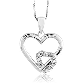 10k White Gold Heart shaped drop Diamond Pendant Necklace by 