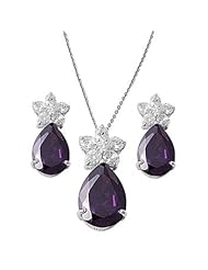 Sterling Silver Pear Amethyst Earrings and Necklace Jewelry Set with Clear CZ