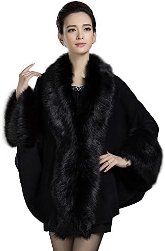 Kranda Christmas Wool Scarf Shawl Cape with Luxury Faux Fox Fur Collar