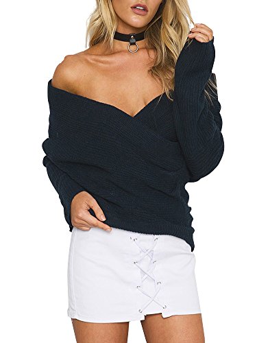 Simplee Apparel Women's Off Shoulder V Neck Wrap Pullover Sweater US 0-10