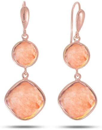 Organic Stone Collection - Double Drop Raspberry Rutilated Quartz Earrings Set In Rose Gold Finish Sterling Silver