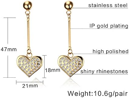 Mealguet Jewelry Gold Plated Stainless Steel Heart Shape Rhinestones Drop Earring for Women