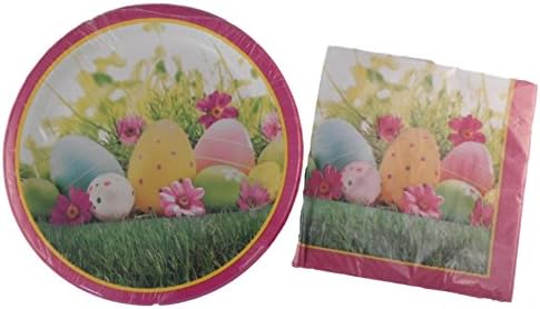 Easter / Springtime Paper Plates and Napkins - Bundle of Two Items Paper Plates and Napkins (Round - Pink Border Eggs)