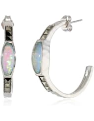 Judith Jack "Waterfall" Sterling Silver, Marcasite, Blue Opal Thin Hoop Earrings