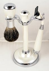 Shaving Gift Set with Badger Brush, Stand and Mach 3 Razor Handle. Ivory Plated, Great Fathers Day or Christmas Gift