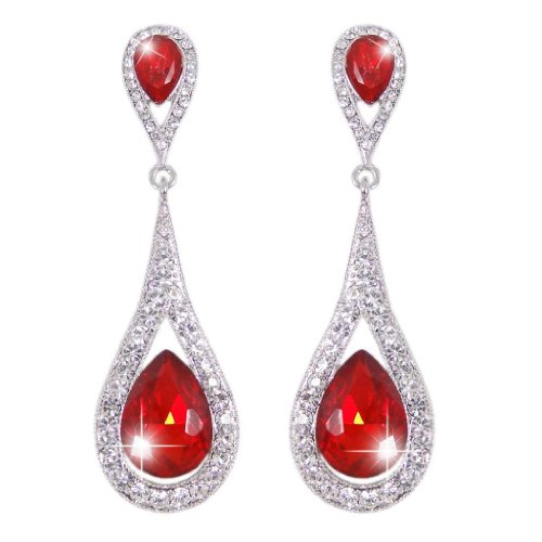 EVER FAITH® Silver-Tone Art Deco Teardrop Austrian Crystal Red Dangle Earrings
