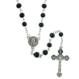 Black Beaded Link Rosary With Saint Benedict Centerpiece and 5mm Round Beads - 28'' Necklace - 20'' Overall Length