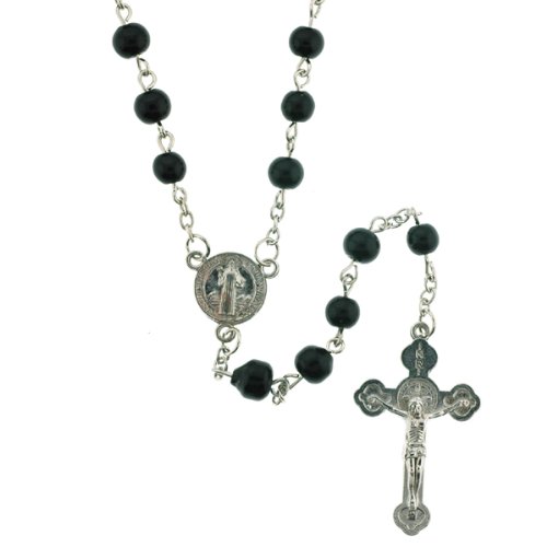 Black Beaded Link Rosary With Saint Benedict Centerpiece and 5mm Round Beads - 28 Necklace - 20 Overall Length