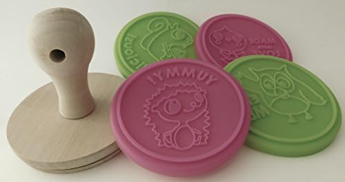 Cookie Stamp - Wooden Handle and 4 Silicone Interchangeable Cookie Stamper. Squirrel, Owl, Hedgehog, and chickey stamp. Each With Their Own Special Message. Design your own Cookies.