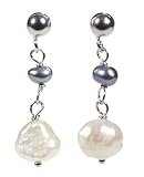 Mixed White and Silver-Grey Freshwater Cultured Pearl Sterling Silver Post Earrings