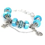 Aqua Blue Murano Bead Crystal Charm Bracelet; Pandora-compatible Snake Chain Opens so Beads Can Be Changed