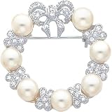 Rhodium Plated Synthetic White Simulated Pearl Cubic Zirconia Wreath Pin