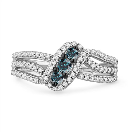 Platinum Plated Sterling Silver Blue And White Round Diamond Twisted Fashion Ring (1/2 cttw)