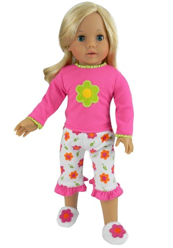 18 Inch Doll Pajamas, Flower Print Pajamas Capris, 2 Piece Set (Doll Slippers not Included), Fits 18