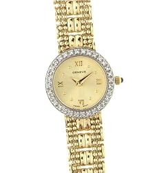 GENEVE Women's 14K Yellow Gold Watch with Genuine Diamond Bezel. Model: GE-101509B
